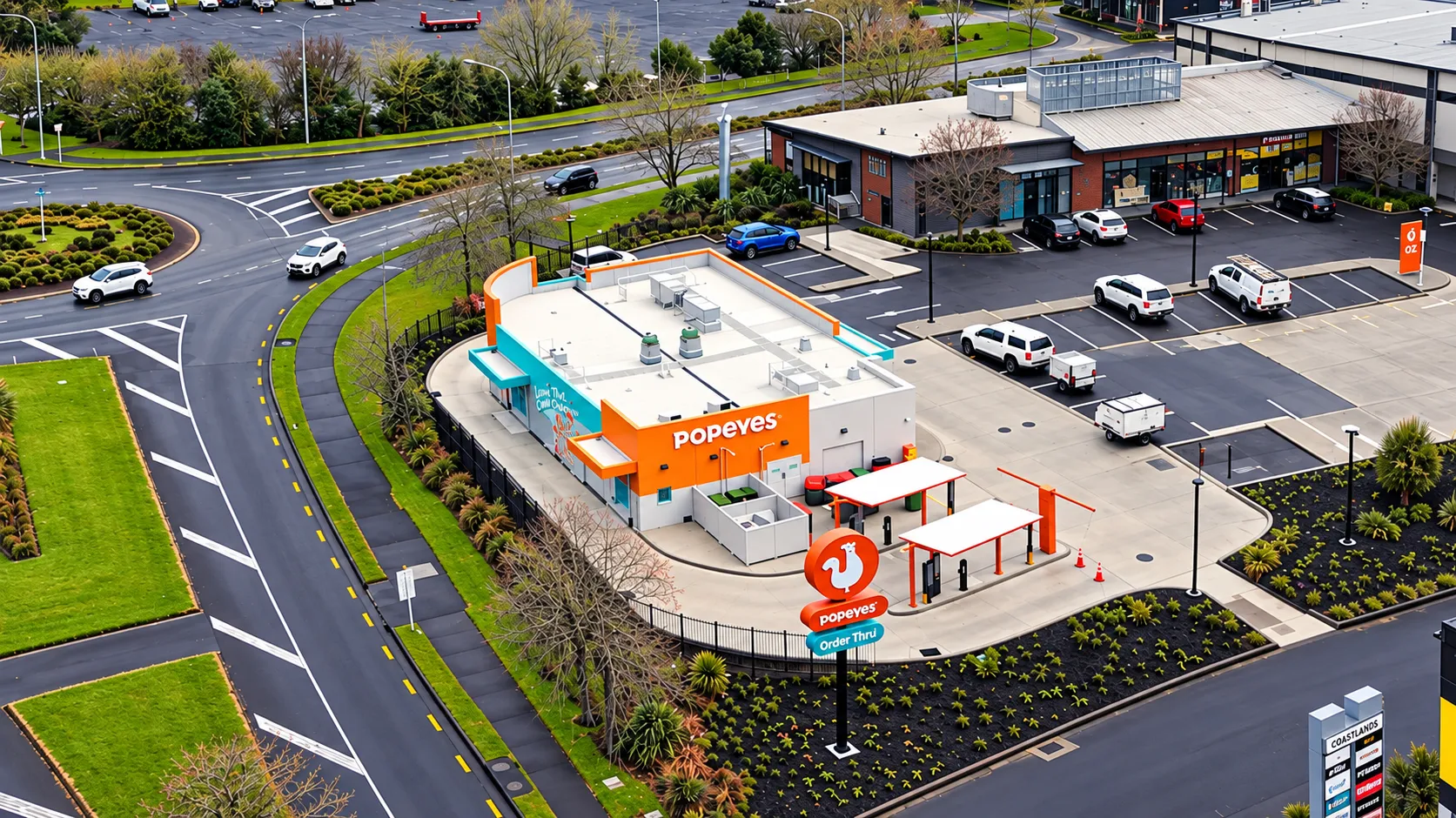 Aerial view of the finished Popeyes site: drive-through canopies, the asphalt carpark and landscaped surrounds.