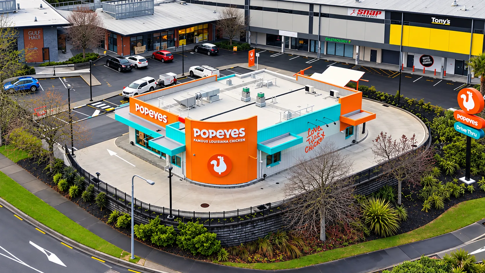 Aerial view of a completed Popeyes restaurant, its concrete apron and drive-through lane held above the road by a block retaining wall.